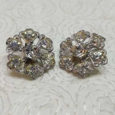 Bogoff Clip Earrings Rhinestone Flowers Petals Vin