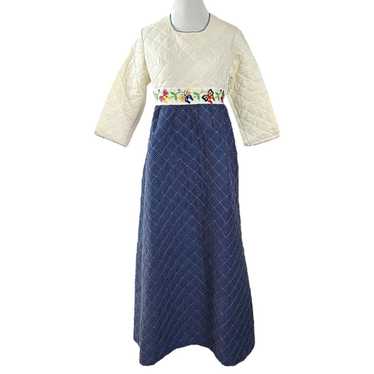 Vintage 60s Quilted Embroidered Hostess Maxi Dres… - image 1