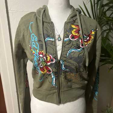 Green / olive butterfly Ed Hardy zip up cropped ho