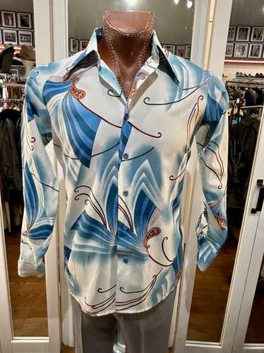 70’s Off White & Blue Parsley Disco Print Shirt By