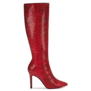 Red snake print knee high boots