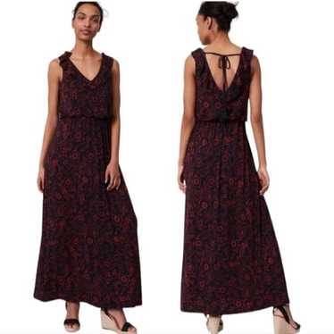 LOFT Floral Ruffle Maxi Dress Navy and Red Scoop B