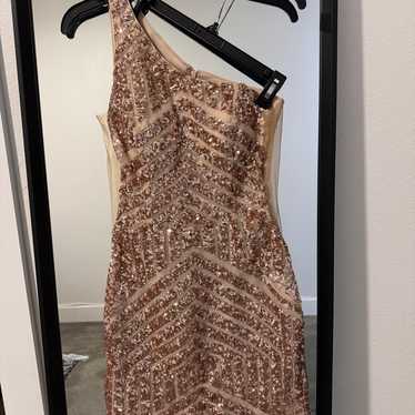 Jovani Rose Gold Asymmetrical Sequin Bodycon Mini 