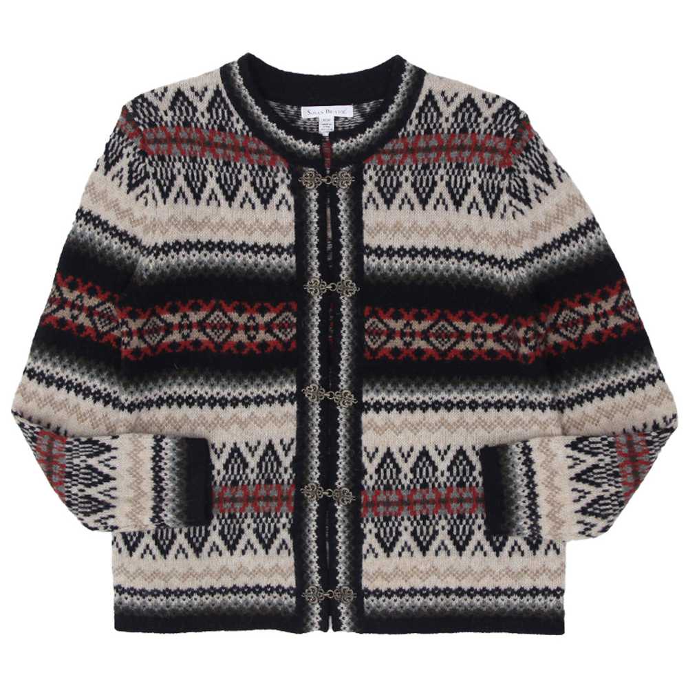 Vintage Ladies Susan Bristol Southwestern Aztec Wool Clasp Cardigan Sweater