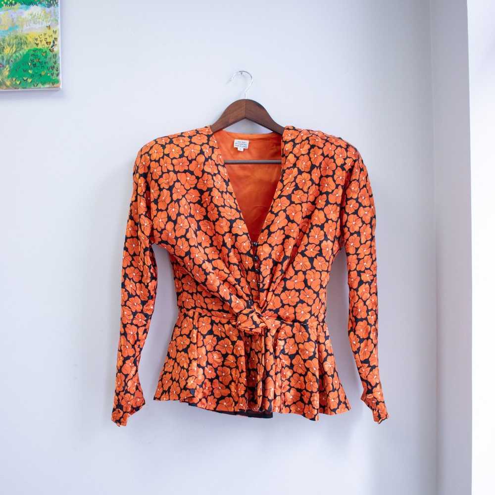 Vintage Floral Button-up Padded Shoulder Blouse S… - image 1