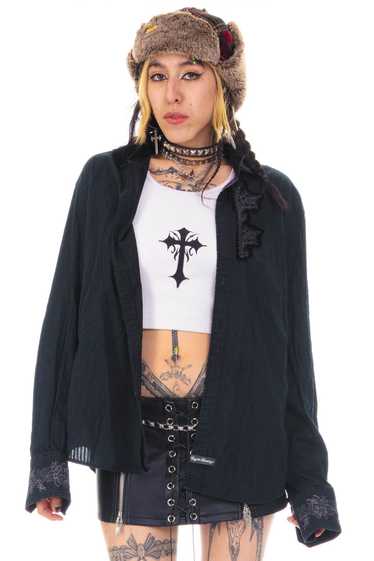 Vintage Y2K Black Embroidered Wings Button Up Shir