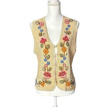 Vintage Floral Vest Embroidered Size Medium Tan Pi