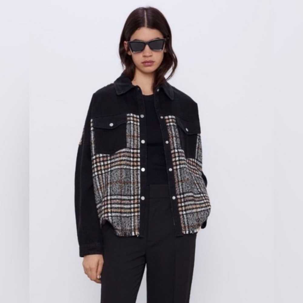 ZARA Contrast Black Denim & Tweed Plaid Mix Snaps… - image 4