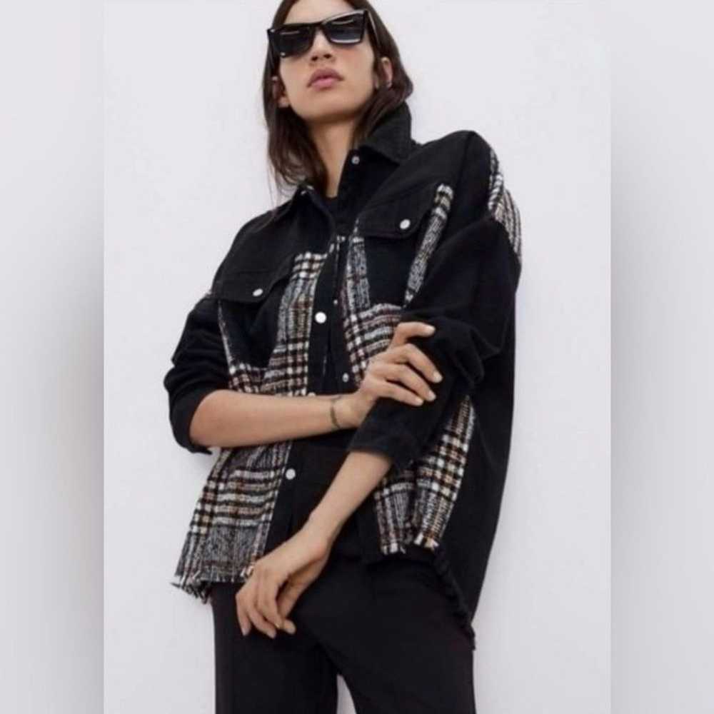 ZARA Contrast Black Denim & Tweed Plaid Mix Snaps… - image 5