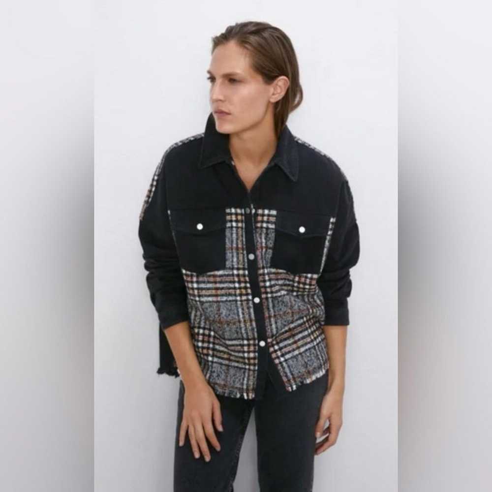 ZARA Contrast Black Denim & Tweed Plaid Mix Snaps… - image 6