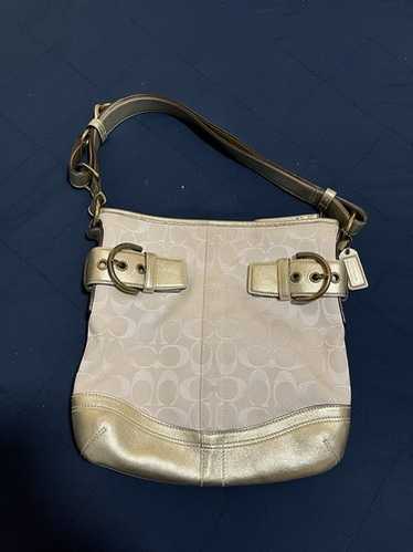バッグ COACH Flap Soho Signature handbag gold Coach Soho Signature Jacquard Brown Gold Leather Trim Hand