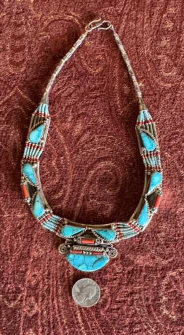 Tibetan Turquoise Coral アンティークネックレス Beautiful Tibetan Turquoise Red Coral Silver Vintage