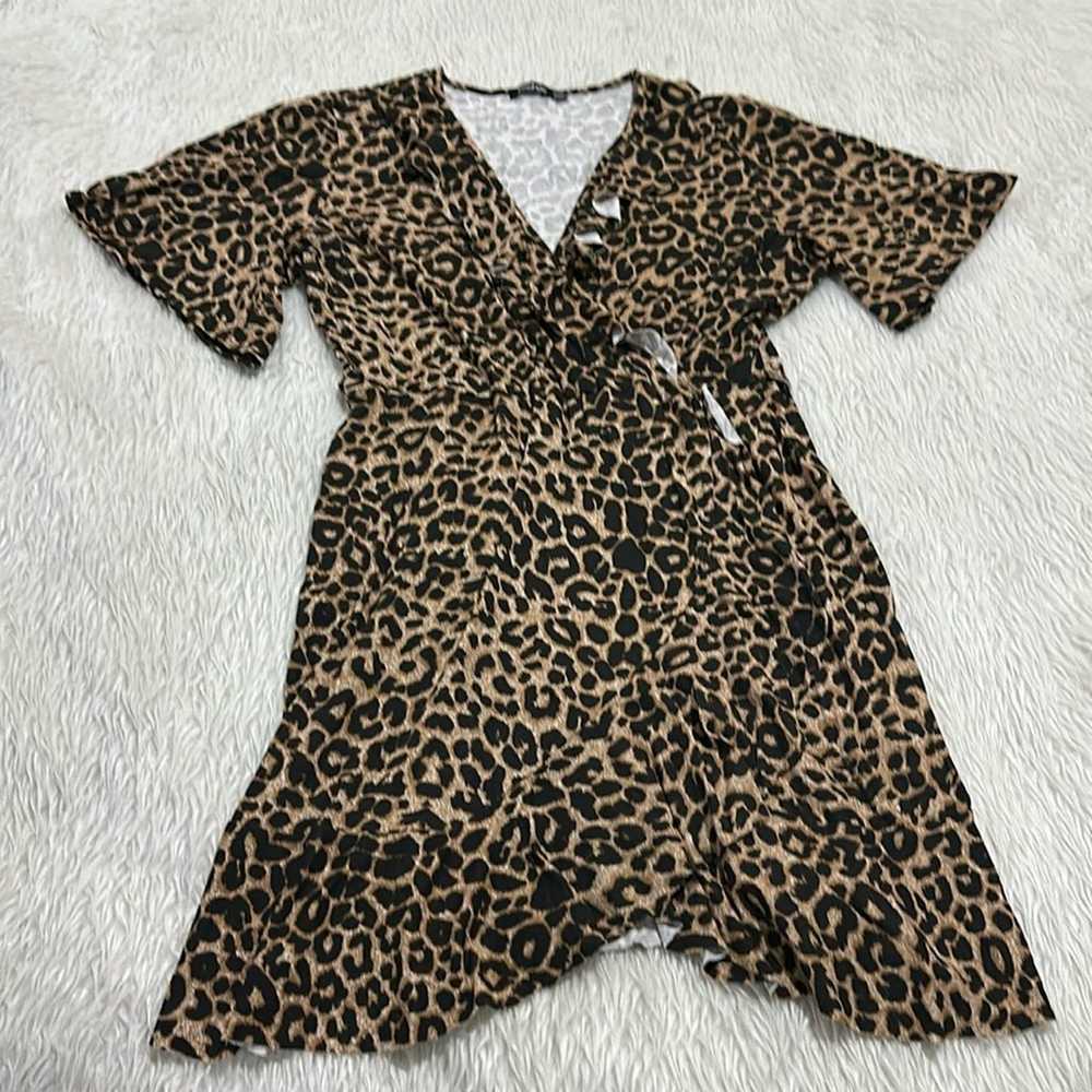 Boohoo brown animal print ruffle faux wrap dress … - image 1