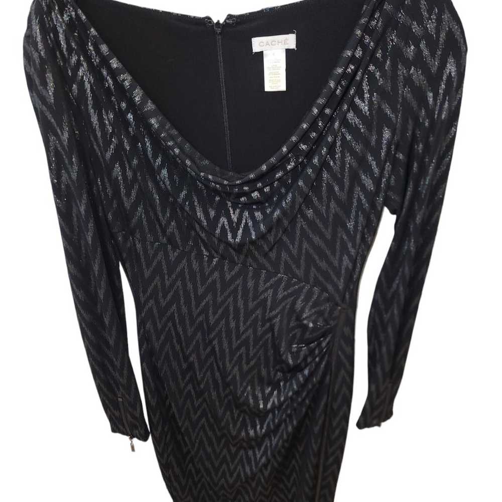 CACHE BLACK PATTERNED LONG SLEEVE SWOOP NECK DRESS - image 1