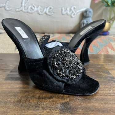 靴 Vintage Prada Flower Heel Sandals 35 1/2 SOLD! Gorgeous Vintage Prada Floral Kitten Heels With Ankle