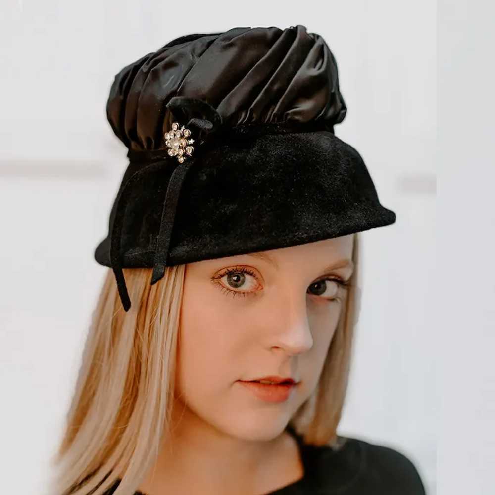 1950s Black Vintage Hat - Rhinestone Decoration - image 2