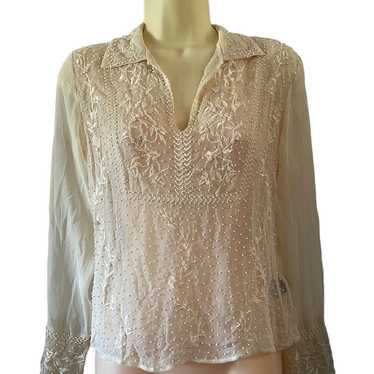 Eci Cream Silk Beaded Blouse Sheer Fancy - image 1