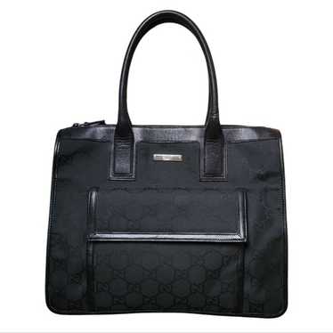 Gucci Black Nylon & Leather Tote Bag Purse With Zipper GG