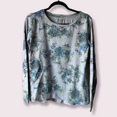 Loft Grey Teal Floral Long Sleeve Sweatshirt - image 1