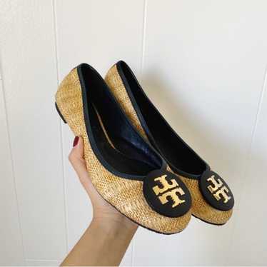 Tory Burch Reva Navy & Raffia Straw Woven Flats Si