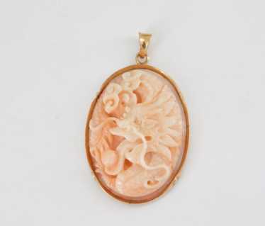 Vintage 14k Yellow Gold Carved Dragon Coral Penda… - image 1