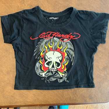 【美品】Ed Hardy スカル　Tシャツ　y2k グランジ　ビジュー　平成ラメ y2k❤️ Ed Hardy ラブキル スカル 十字架 掠れロゴ Tシャツ