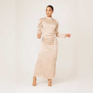 Cream Ruched Gown With Bishop Sleeves