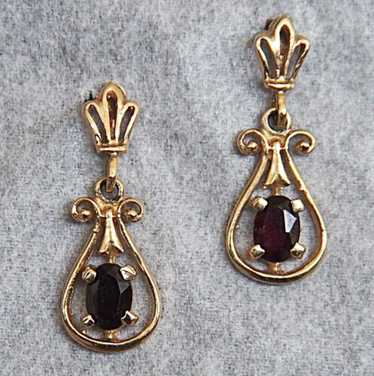 14K Solid Yellow Gold Garnet Dangle Drop Earrings… - image 1