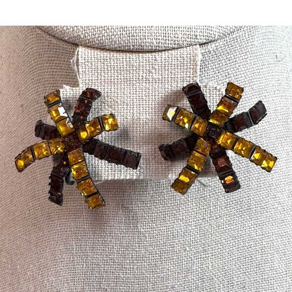 Vtg Vendome Amber Screw Back Rhinestone MCM Hollywood Starburst Clip-On Earrings