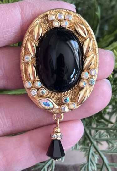 Vintage Kenneth Jay Lane Gold Black AB Rhinestone… - image 1