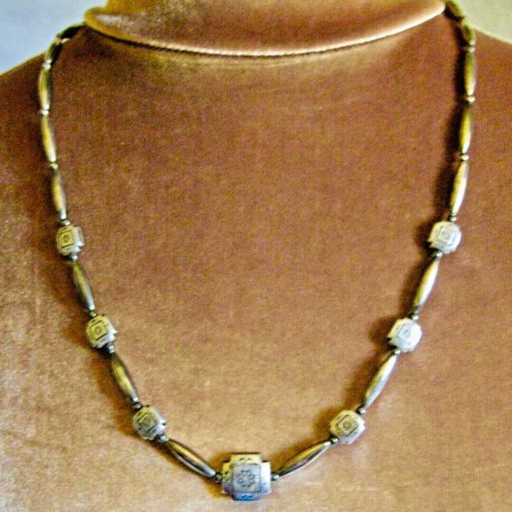 Vintage Navajo Silver Bench Bead Necklace 24" Tubes and Stamped Crosses