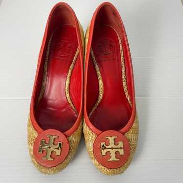 Tory Burch Reva Raffia Straw Wedge Heel Pumps Size