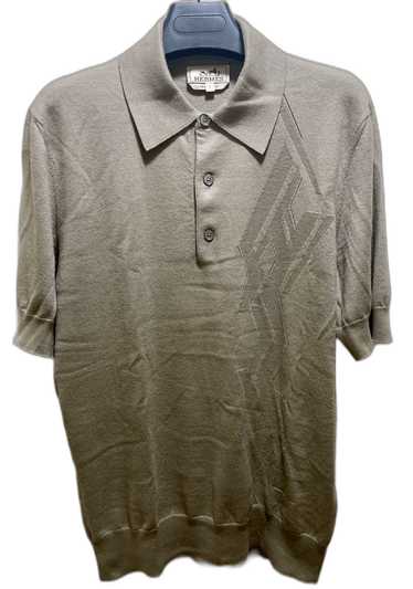 HERMES Striped Knit Polo Shirt Beige S-M | PLAYFUL