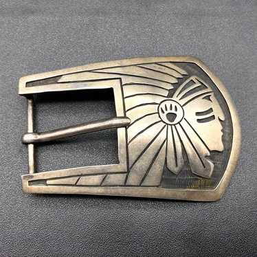 Detailed Vintage Native American Hopi Chief Sterling Silver Buckle