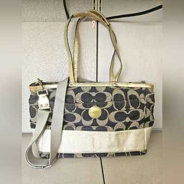良品 Coach Legacy Denim Signature Tote Bag COACH Denim Signature 2way Tote Crossbody Bag Women's Navy