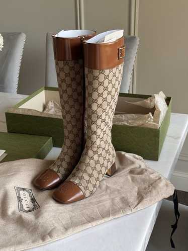 GUCCI GGキャンパス ロングブーツ ブラウン GUCCI(グッチ)☆Gg Canvas Thigh-High Boots☆人気ロングブーツ