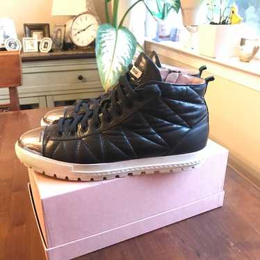 miu miu 黒 ストラップ付きウェッジソール　34 Miu Miu Black Cracle Shine Leather Studded Strappy High-Heel