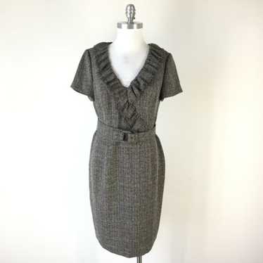 Tweed Sheath Dress Kay Unger Size 10 Brown Ruffle 