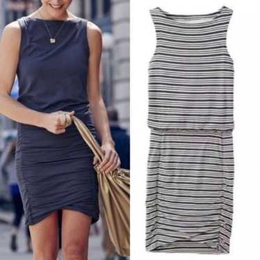 Athleta Tulip Striped Ruched Dress Navy & Cream sl