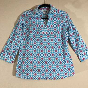 Foxcroft Nyc Popover Top Sz 4 Blue/Pink Print Wrin