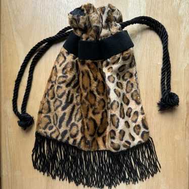 Plush Leopard Print Drawstring Handbag - image 1