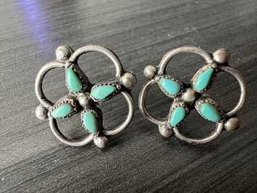 Dynamic Vintage Native American Zuni Blue Gem Turquoise Sterling Silver Earrings Dynamic Vintage Native American Zuni Blue Gem Turquoise Sterling Silver Earrings