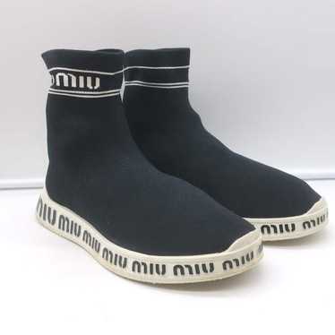 【miu miu】ロゴブーツ miu 良品☆MIUMIU ミュウミュウ ロゴ入り ニット ソックスブーツ