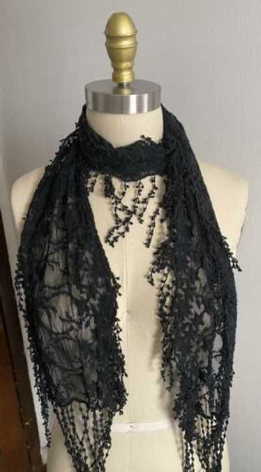 RYU Scarf Black Lace Fringe Leaves Sheer Anthropol