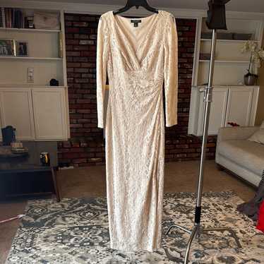 Cream Sequin Ruched Long Sleeve Gown