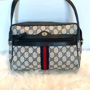 バッグ 858 vintage old gucci gg hand bag navy GUCCI Authentic Navy Blue Leather and Canvas Crossbody