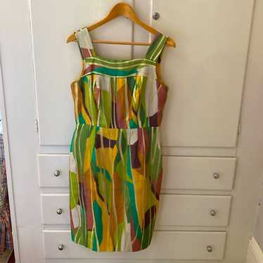 Kay Unger Linen Brown Green Yellow Sheath Cocktail