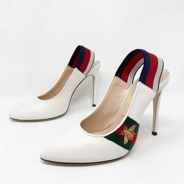 Gucci Sylvie Web Stripe White Slingback Heels EU 3
