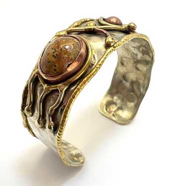 VTG Mix Metals Agate Hammered Cuff Handmade Bracel