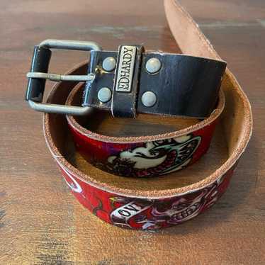 Ed Hardy XS Leather Belt Pink Rhinestones Embroidered Tattoo